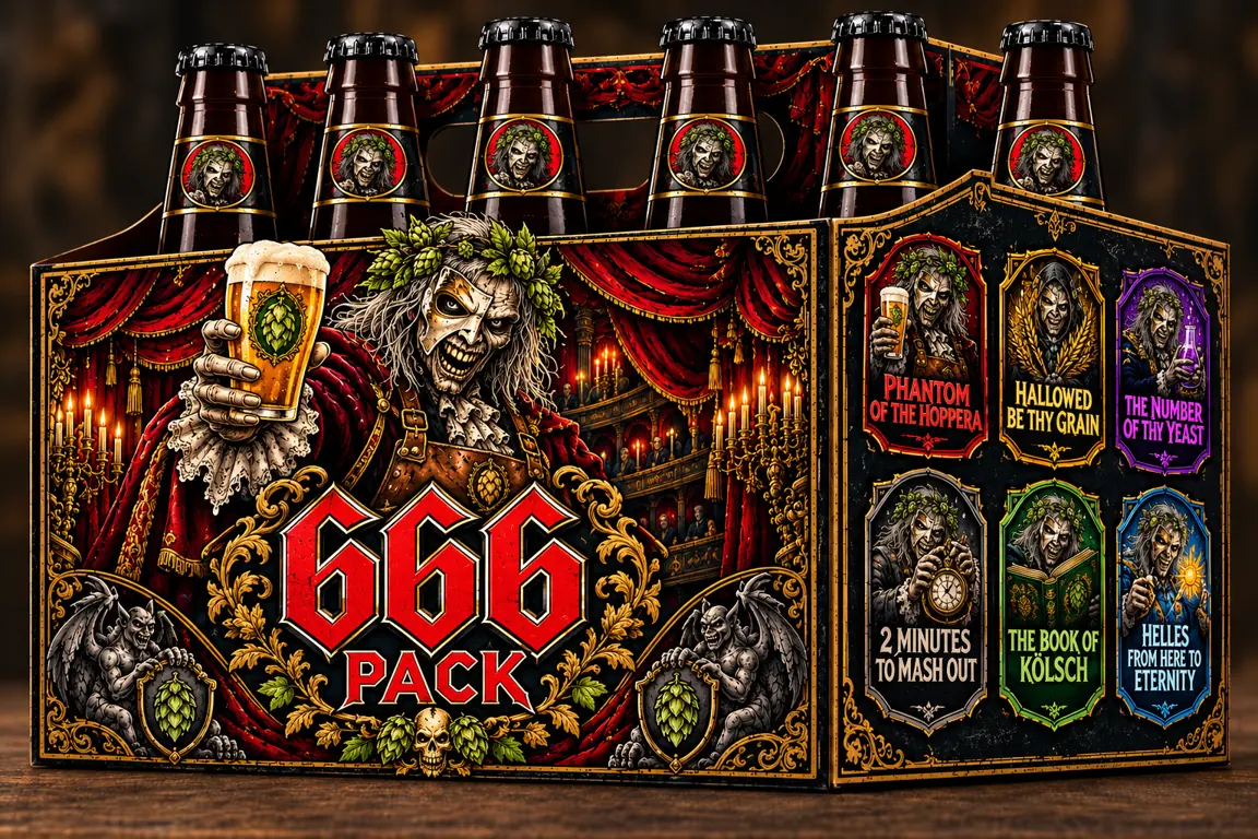 The 666 Pack, an opera-themed variation of Jason’s six-bottle carrier artwork